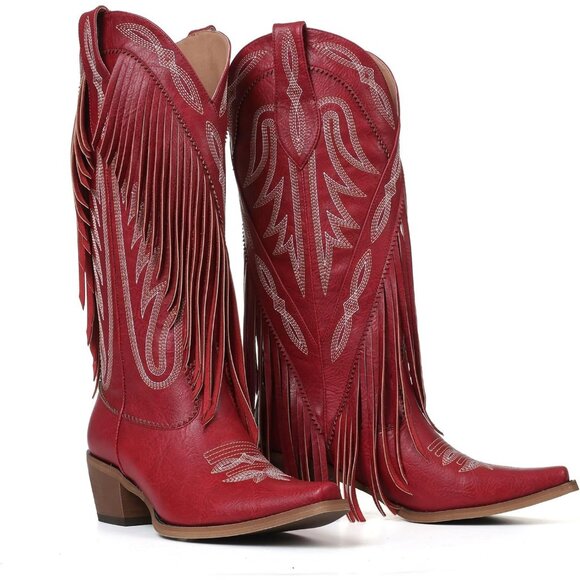 Women's Red Fringe Knee High Cowgirl Western Boots with Embroidery Pointed Toe - Picture 1 of 6